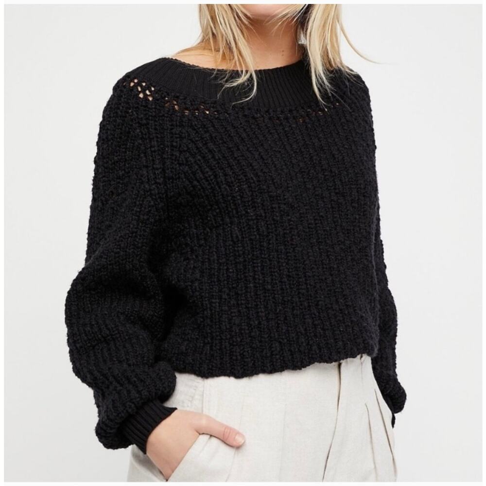 Free People Pandora's Black Boat Neck Sweater